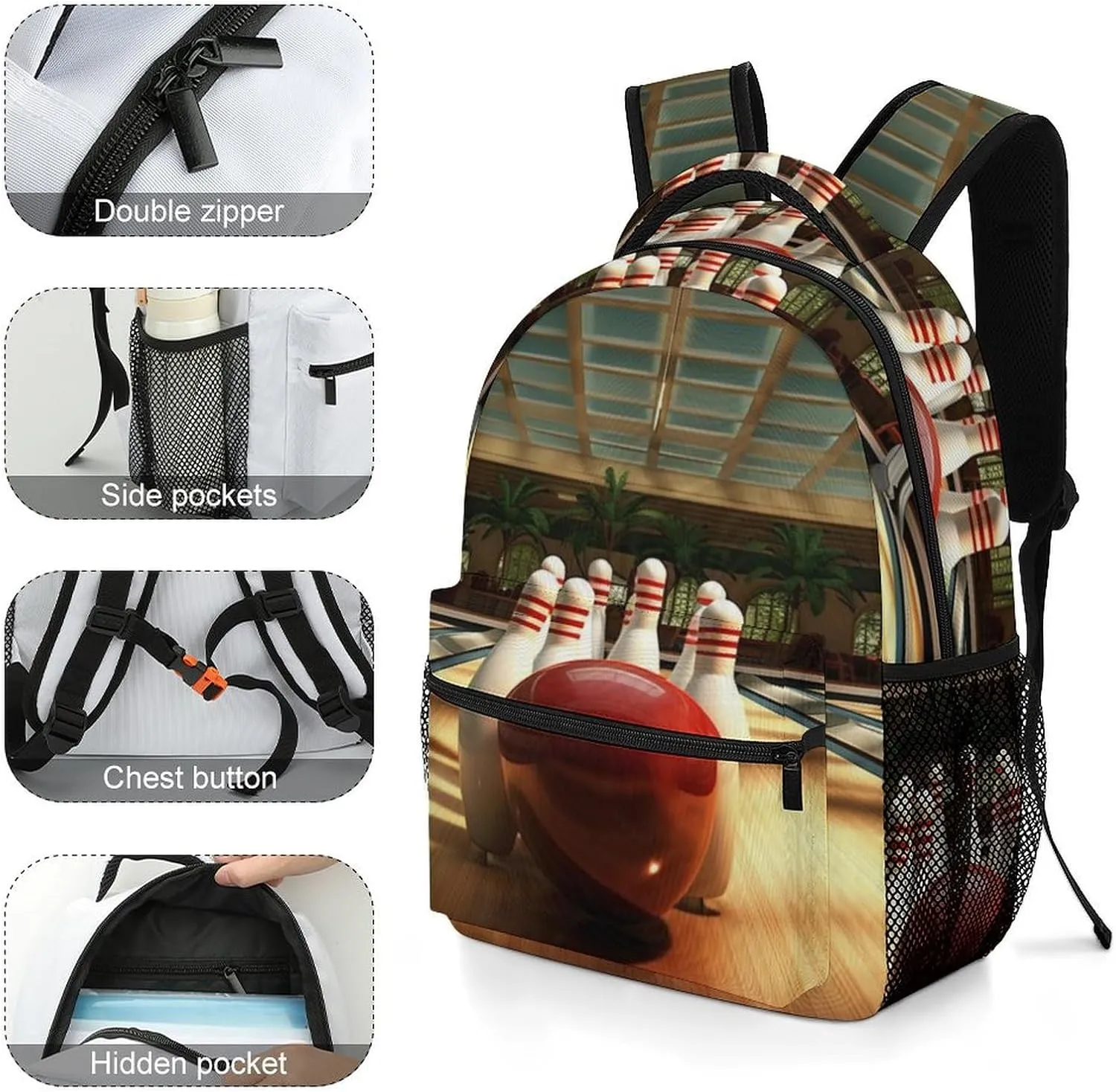 Backpacks Bowling Club Travel Bag Laptop Backpack Casual Daypack for Weekender Business Hiking