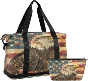 Bald Eagle Flag (3) Sports Gym Bag with Waterproof Dry Wet Pocket, Travel Duffel Bag for Women MenWorkout Bag Fits Yoga, Swimming