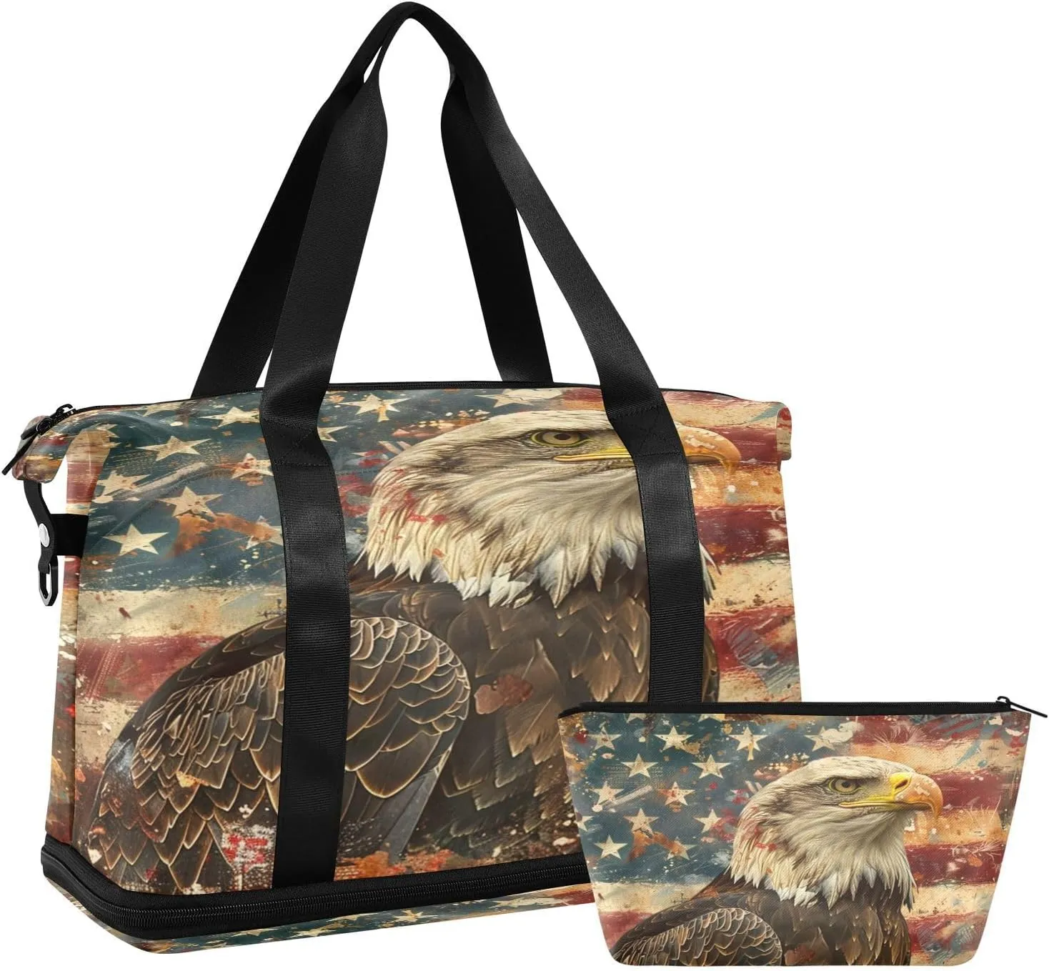 Bald Eagle Flag (3) Sports Gym Bag with Waterproof Dry Wet Pocket, Travel Duffel Bag for Women MenWorkout Bag Fits Yoga, Swimming