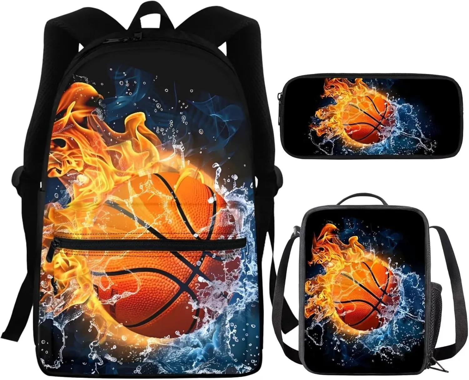 Basketball Flame Cool Backpacks for Teen Boys 3 in 1 School Bag Set Kids Backpack with Lunch Box Pencil Case Multipurpose Toddler Bookbag for School Teen Mideum Capacity 15 inch