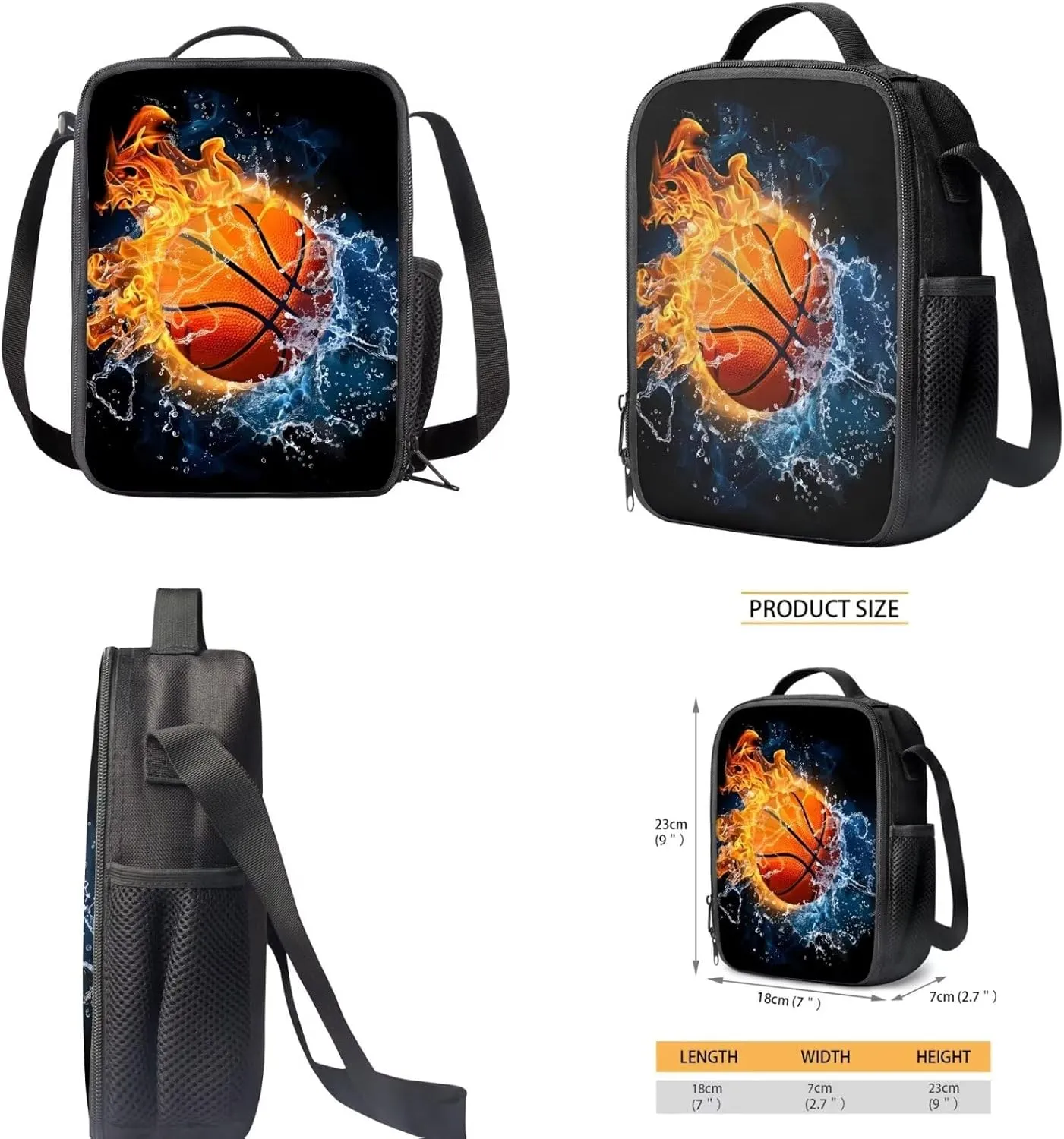 Basketball Flame Cool Backpacks for Teen Boys 3 in 1 School Bag Set Kids Backpack with Lunch Box Pencil Case Multipurpose Toddler Bookbag for School Teen Mideum Capacity 15 inch