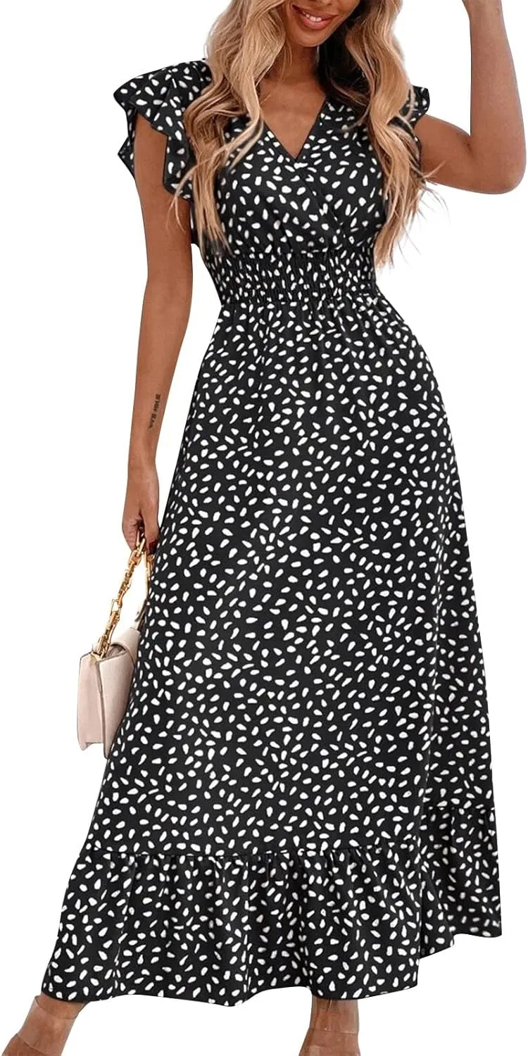 Beach Dresses for Women,2025 Spring Summer Trendy Floral Maxi Dress,Elegant V Neck Ruffle Flowy Ruched Boho Dress