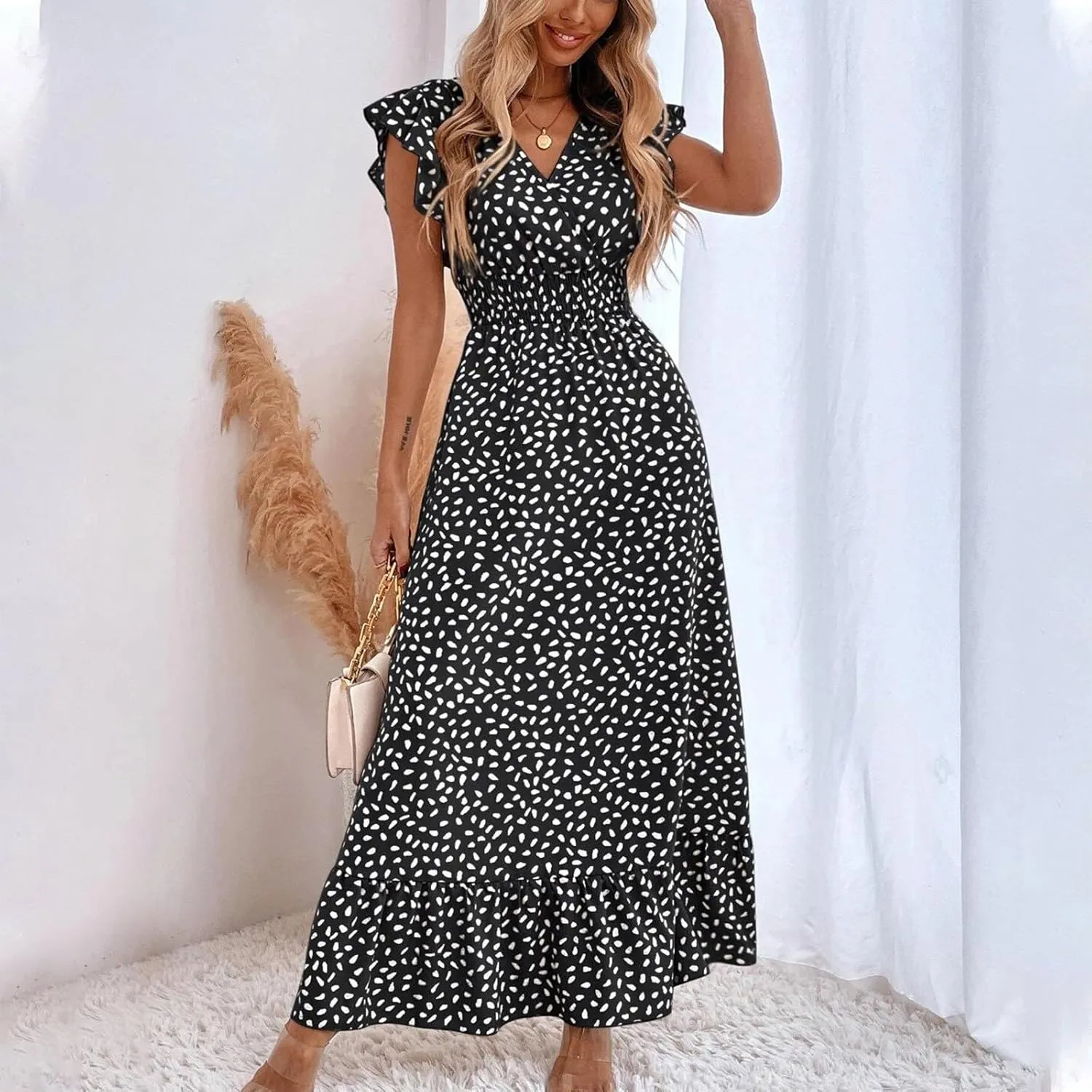 Beach Dresses for Women,2025 Spring Summer Trendy Floral Maxi Dress,Elegant V Neck Ruffle Flowy Ruched Boho Dress