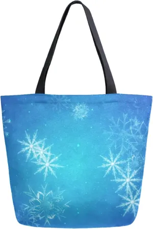 Beautiful White Snowflake Floral Blue Extra Large Canvas Shoulder Tote Storage Top Handle Bag for Gym Weekender Beach Travel Reusable Grocery Shopping