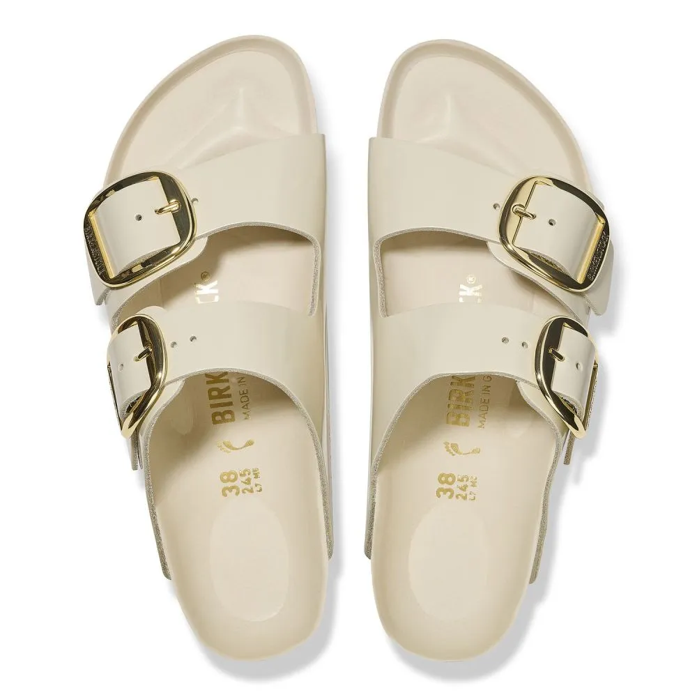 Birkenstock Women's Arizona Big Buckle Natural Leather Patent in High Shine Ecru (Narrow Width)