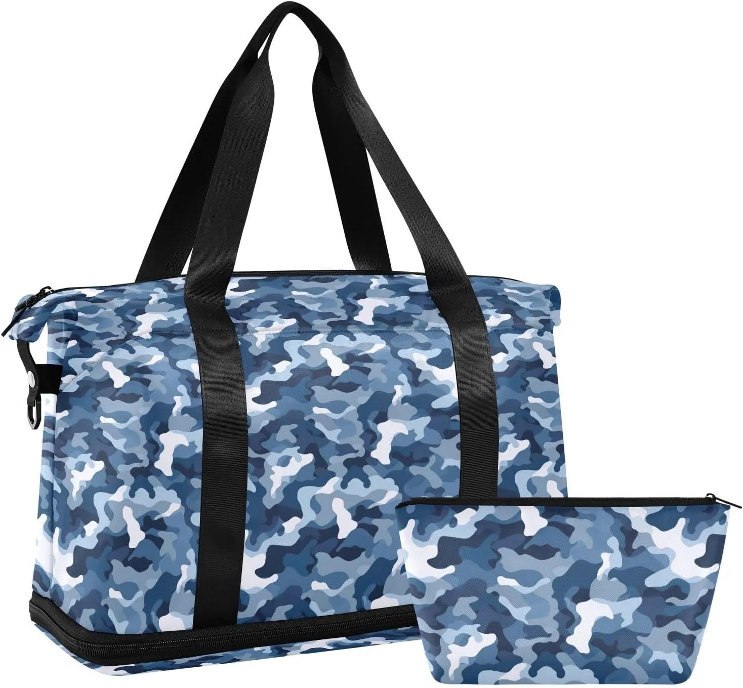 Blue and White Camouflage Sports Gym Bag with Waterproof Dry Wet Pocket, Travel Duffel Bag for Women MenWorkout Bag Fits Yoga, Swimming