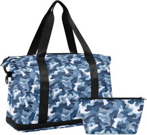 Blue and White Camouflage Sports Gym Bag with Waterproof Dry Wet Pocket, Travel Duffel Bag for Women MenWorkout Bag Fits Yoga, Swimming