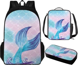 Blue Fish Girl Backpack and Lunch Box Pencil Case Set for Teen Girls Kids School Bag for Kindergarten Elementary Primary Lightweight Travel Bookbag Aesthetic 3 Pcs School Supplies Set
