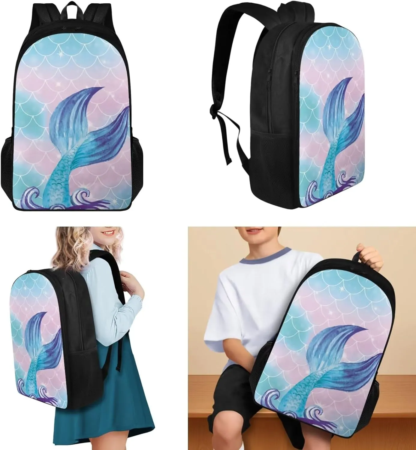 Blue Fish Girl Backpack and Lunch Box Pencil Case Set for Teen Girls Kids School Bag for Kindergarten Elementary Primary Lightweight Travel Bookbag Aesthetic 3 Pcs School Supplies Set