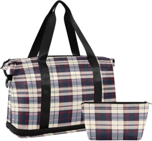 Blue Red Grid Sports Gym Bag with Waterproof Dry Wet Pocket, Travel Duffel Bag for Women MenWorkout Bag Fits Yoga, Swimming