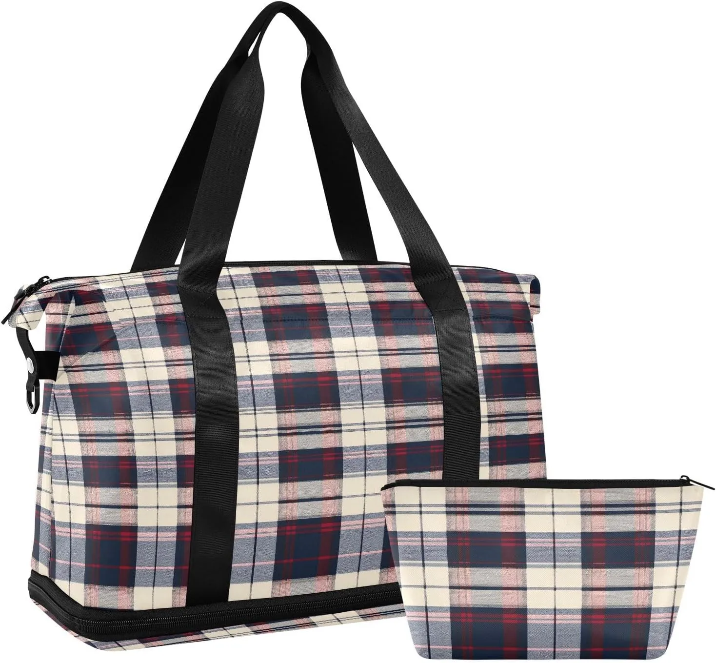 Blue Red Grid Sports Gym Bag with Waterproof Dry Wet Pocket, Travel Duffel Bag for Women MenWorkout Bag Fits Yoga, Swimming