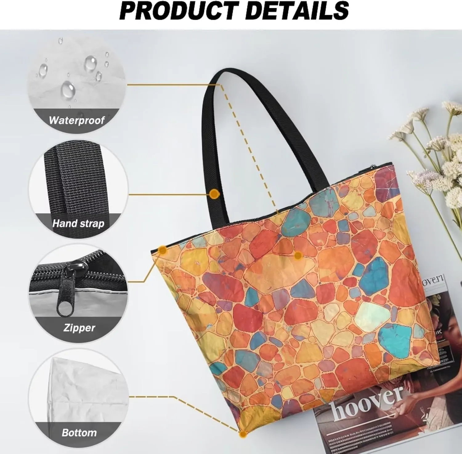 Bohemia Tribal Totes Bag Large Zipper Eco Tote Bag, Native Ethnic Shoulder Tote Bag for Shopping Grocery, Beach Bag