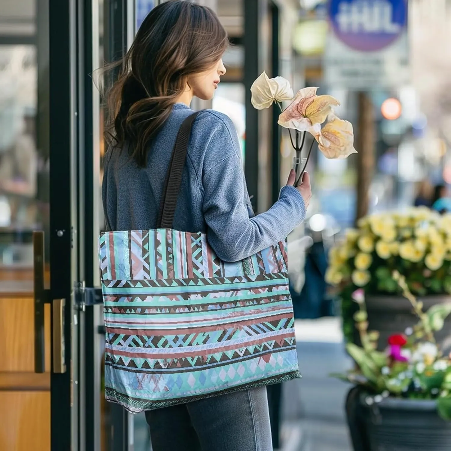 Bohemia Tribal Totes Bag Large Zipper Eco Tote Bag, Native Ethnic Shoulder Tote Bag for Shopping Grocery, Beach Bag