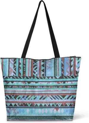 Bohemia Tribal Totes Bag Large Zipper Eco Tote Bag, Native Ethnic Shoulder Tote Bag for Shopping Grocery, Beach Bag