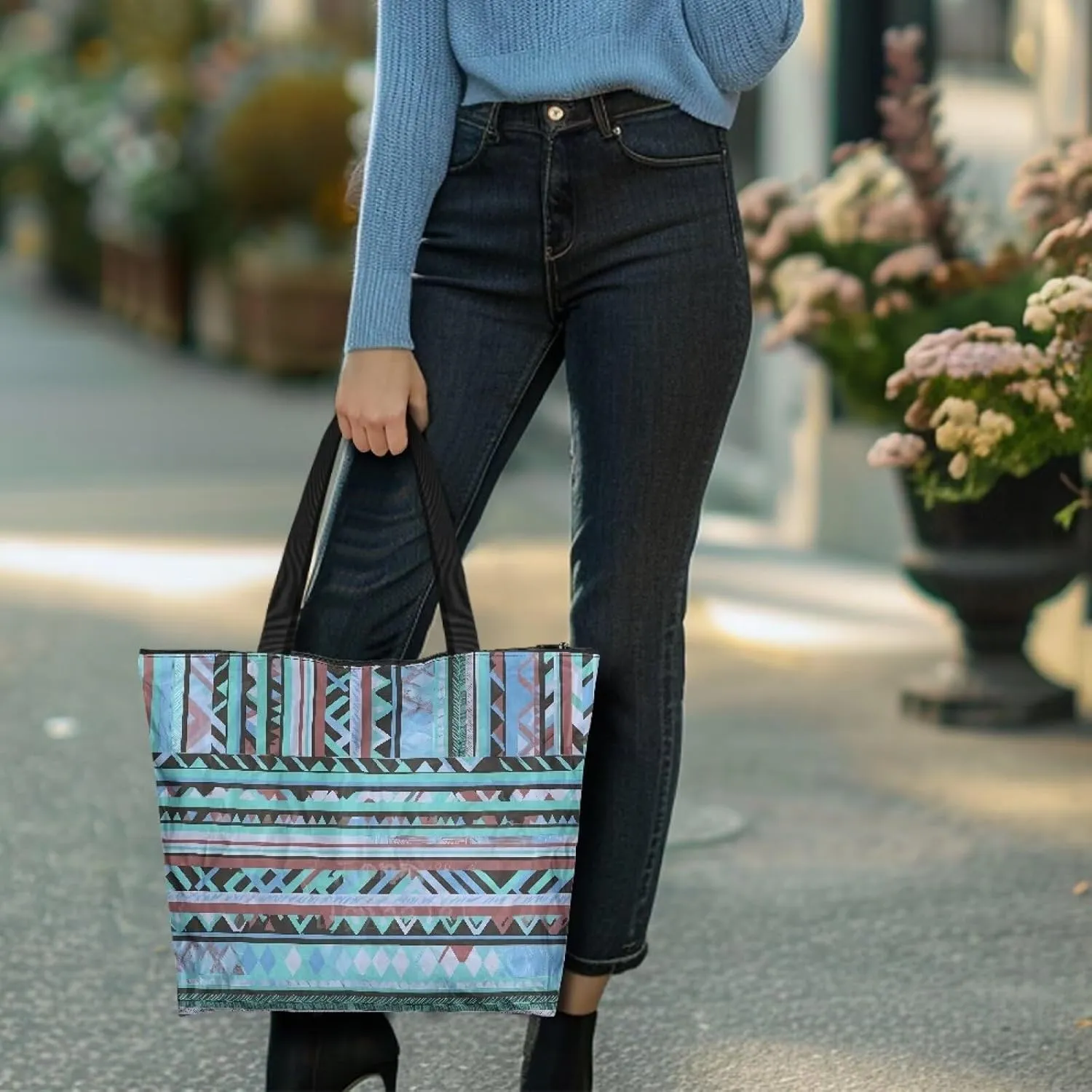 Bohemia Tribal Totes Bag Large Zipper Eco Tote Bag, Native Ethnic Shoulder Tote Bag for Shopping Grocery, Beach Bag