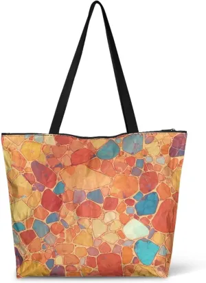 Bohemia Tribal Totes Bag Large Zipper Eco Tote Bag, Native Ethnic Shoulder Tote Bag for Shopping Grocery, Beach Bag