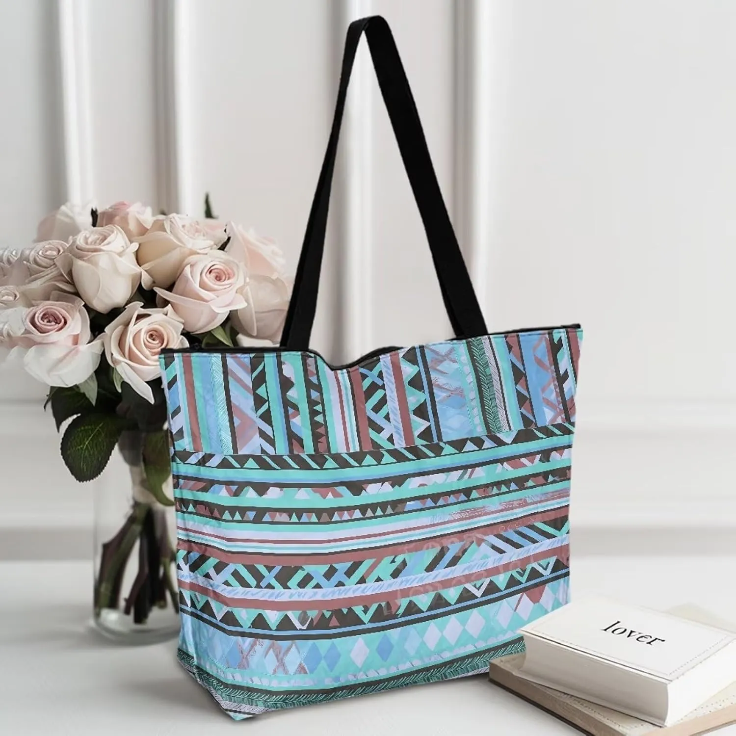Bohemia Tribal Totes Bag Large Zipper Eco Tote Bag, Native Ethnic Shoulder Tote Bag for Shopping Grocery, Beach Bag