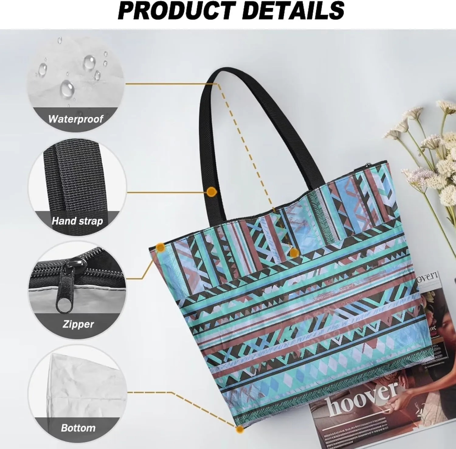Bohemia Tribal Totes Bag Large Zipper Eco Tote Bag, Native Ethnic Shoulder Tote Bag for Shopping Grocery, Beach Bag