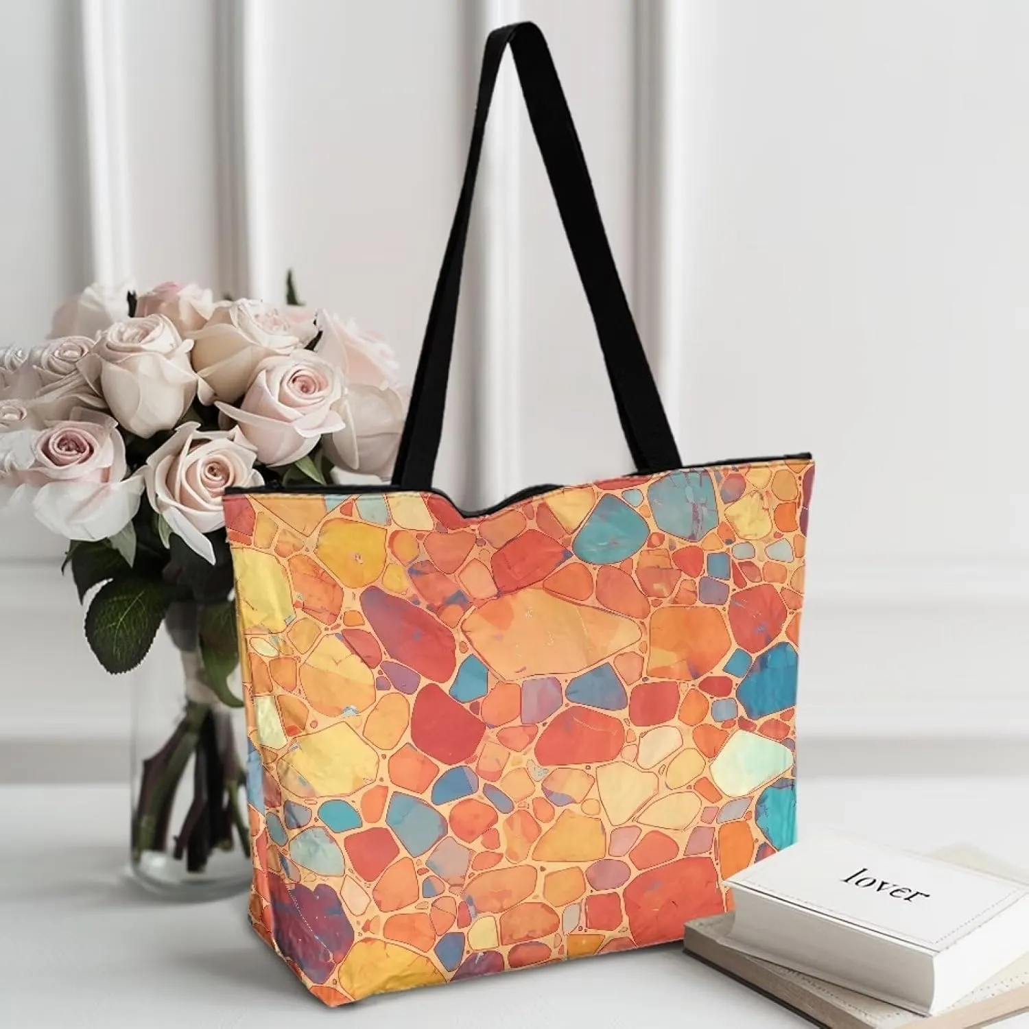 Bohemia Tribal Totes Bag Large Zipper Eco Tote Bag, Native Ethnic Shoulder Tote Bag for Shopping Grocery, Beach Bag