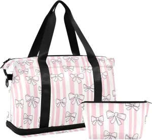 Bow Stripe Sports Gym Bag with Waterproof Dry Wet Pocket, Travel Duffel Bag for Women MenWorkout Bag Fits Yoga, Swimming