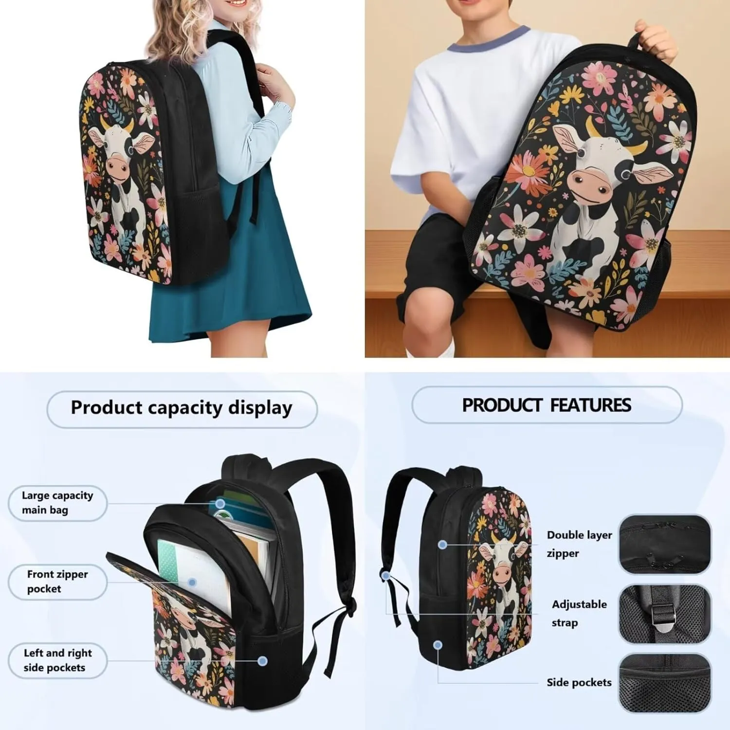 Boys School Backpack Set Bright Flower Milk Cow Print Large capacity Kids Bookbag Reusable Laptop Backpack with Insulated Lunch Tote Bag Pencil Pouch 3pcs Essentials Gift