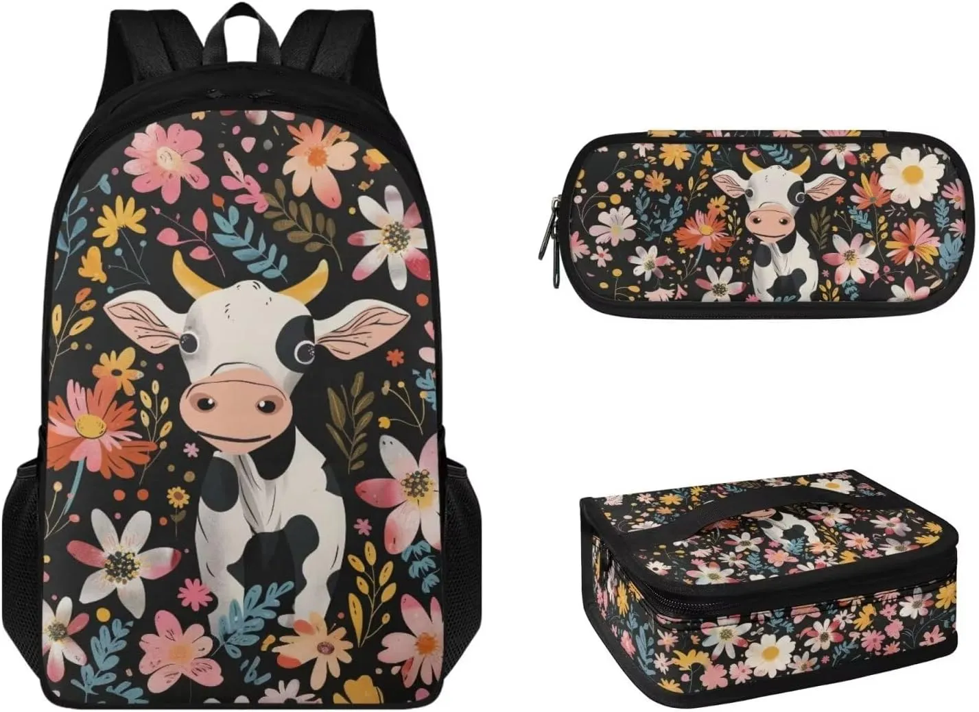 Boys School Backpack Set Bright Flower Milk Cow Print Large capacity Kids Bookbag Reusable Laptop Backpack with Insulated Lunch Tote Bag Pencil Pouch 3pcs Essentials Gift
