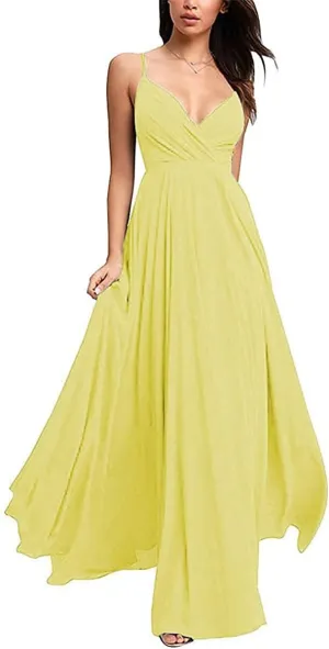 Bridesmaid Dresses Long 2021 Chiffon V Neck Spaghetti Evening Gowns for Women Formal Yellow 16