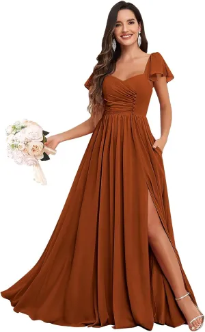 Bridesmaid Dresses Long with Sleeves for Wedding A-Line Chiffon Pleated Formal Party Gown with Pockets