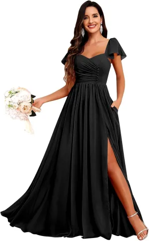 Bridesmaid Dresses Long with Sleeves for Wedding A-Line Chiffon Pleated Formal Party Gown with Pockets