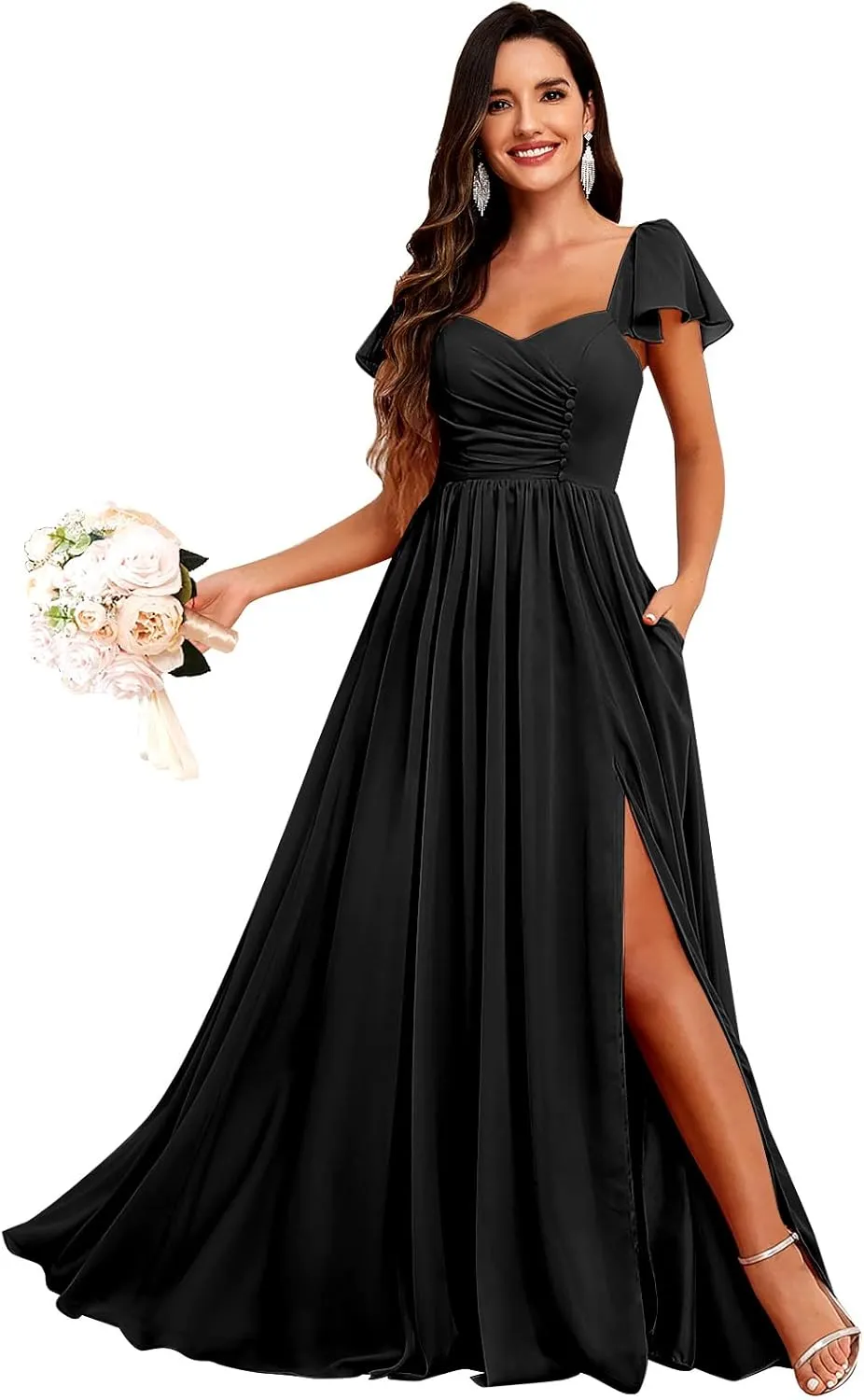 Bridesmaid Dresses Long with Sleeves for Wedding A-Line Chiffon Pleated Formal Party Gown with Pockets