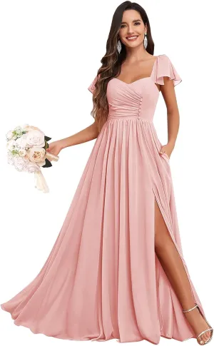 Bridesmaid Dresses Long with Sleeves for Wedding A-Line Chiffon Pleated Formal Party Gown with Pockets