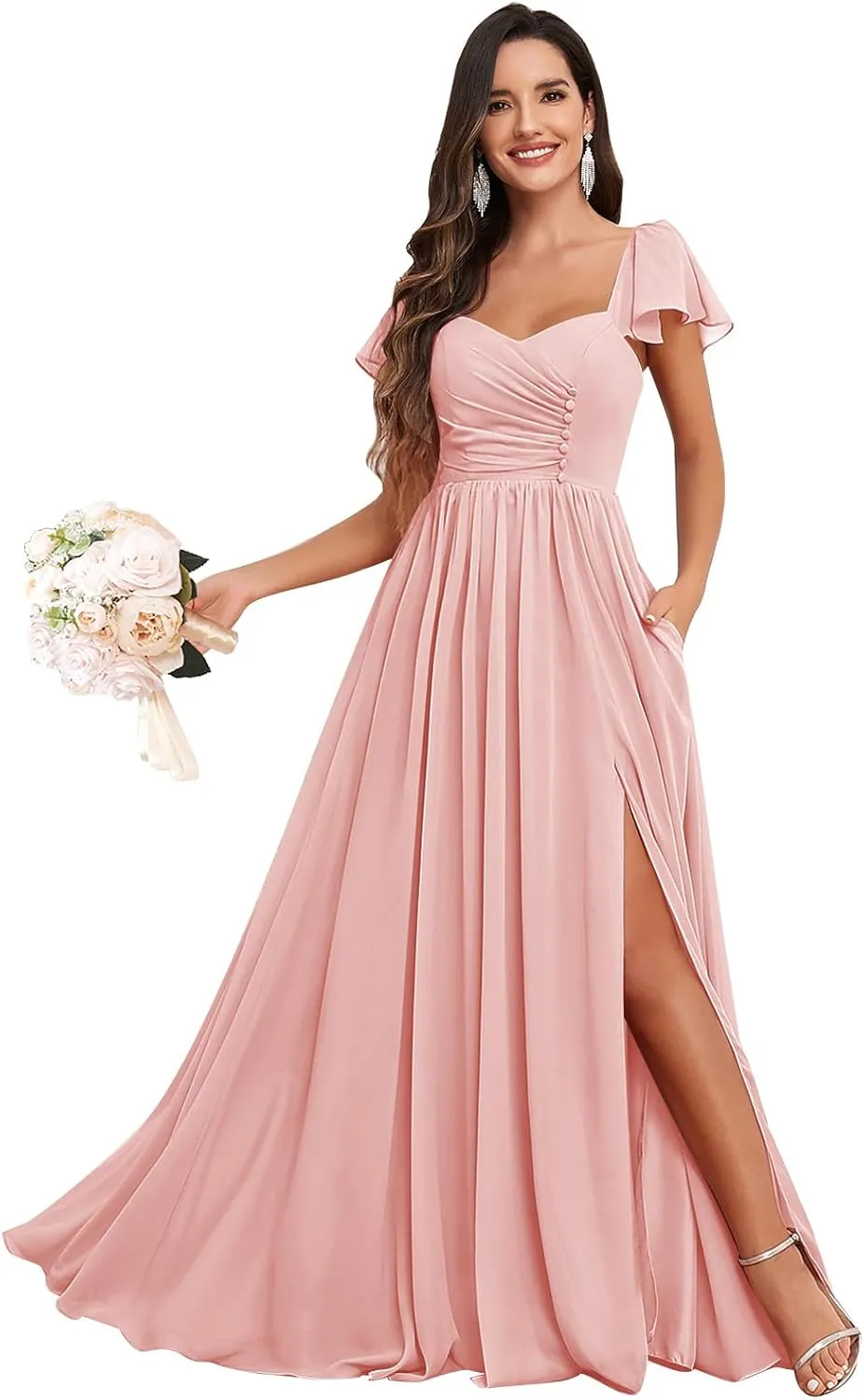 Bridesmaid Dresses Long with Sleeves for Wedding A-Line Chiffon Pleated Formal Party Gown with Pockets