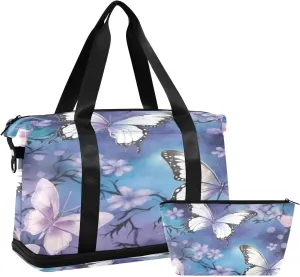 Butterfly and Flower Sports Gym Bag with Waterproof Dry Wet Pocket, Travel Duffel Bag for Women MenWorkout Bag Fits Yoga, Swimming