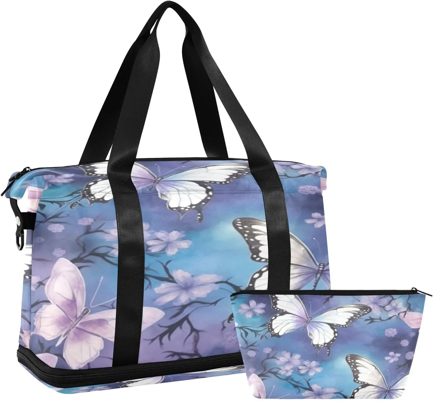 Butterfly and Flower Sports Gym Bag with Waterproof Dry Wet Pocket, Travel Duffel Bag for Women MenWorkout Bag Fits Yoga, Swimming