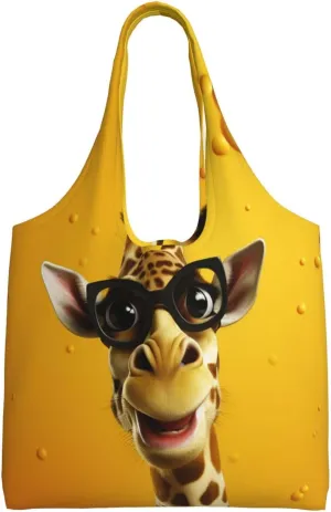 Canvas Tote Bag for Women Purse Animated giraffe wearing glasses on yellow background Handbags Totes Crossbody Shoulder Shopping Bag