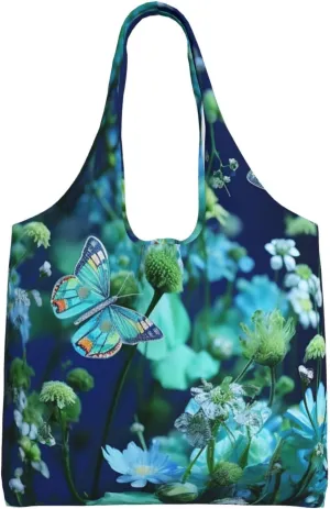 Canvas Tote Bag for Women Purse Green butterfly and blue flowers Handbags Totes Crossbody Shoulder Shopping Bag