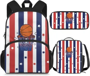 Cartoon Basketball 3Pcs Kids Backpack Set School Bag for Boys 6-8 Years Old Student Teens Big Capacity 15 inch School Bookbag for Kindergarten Primary Elementary Middle School
