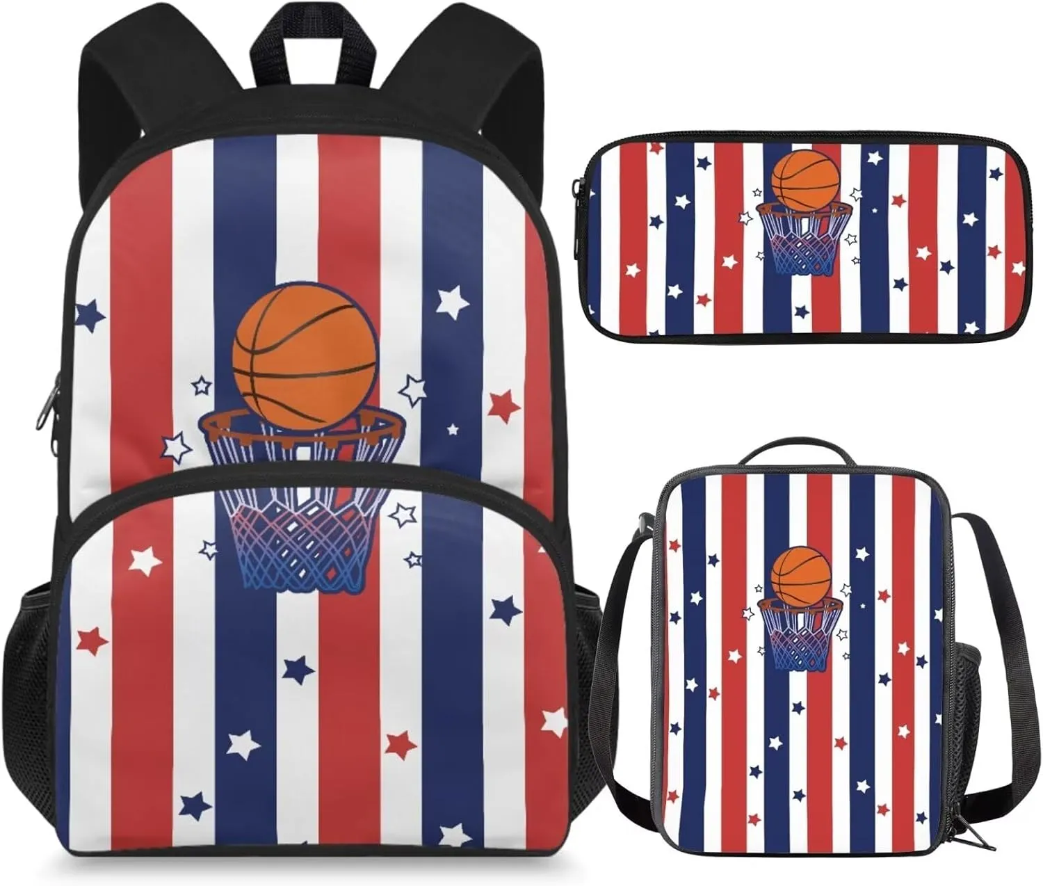 Cartoon Basketball 3Pcs Kids Backpack Set School Bag for Boys 6-8 Years Old Student Teens Big Capacity 15 inch School Bookbag for Kindergarten Primary Elementary Middle School