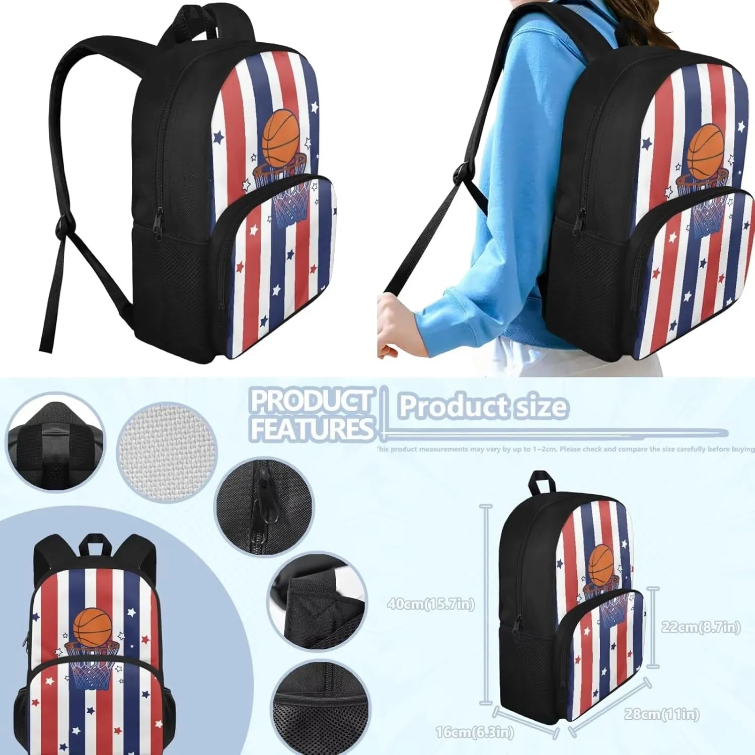 Cartoon Basketball 3Pcs Kids Backpack Set School Bag for Boys 6-8 Years Old Student Teens Big Capacity 15 inch School Bookbag for Kindergarten Primary Elementary Middle School