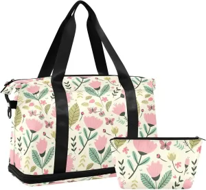 Cartoon Flower Sports Gym Bag with Waterproof Dry Wet Pocket, Travel Duffel Bag for Women MenWorkout Bag Fits Yoga, Swimming