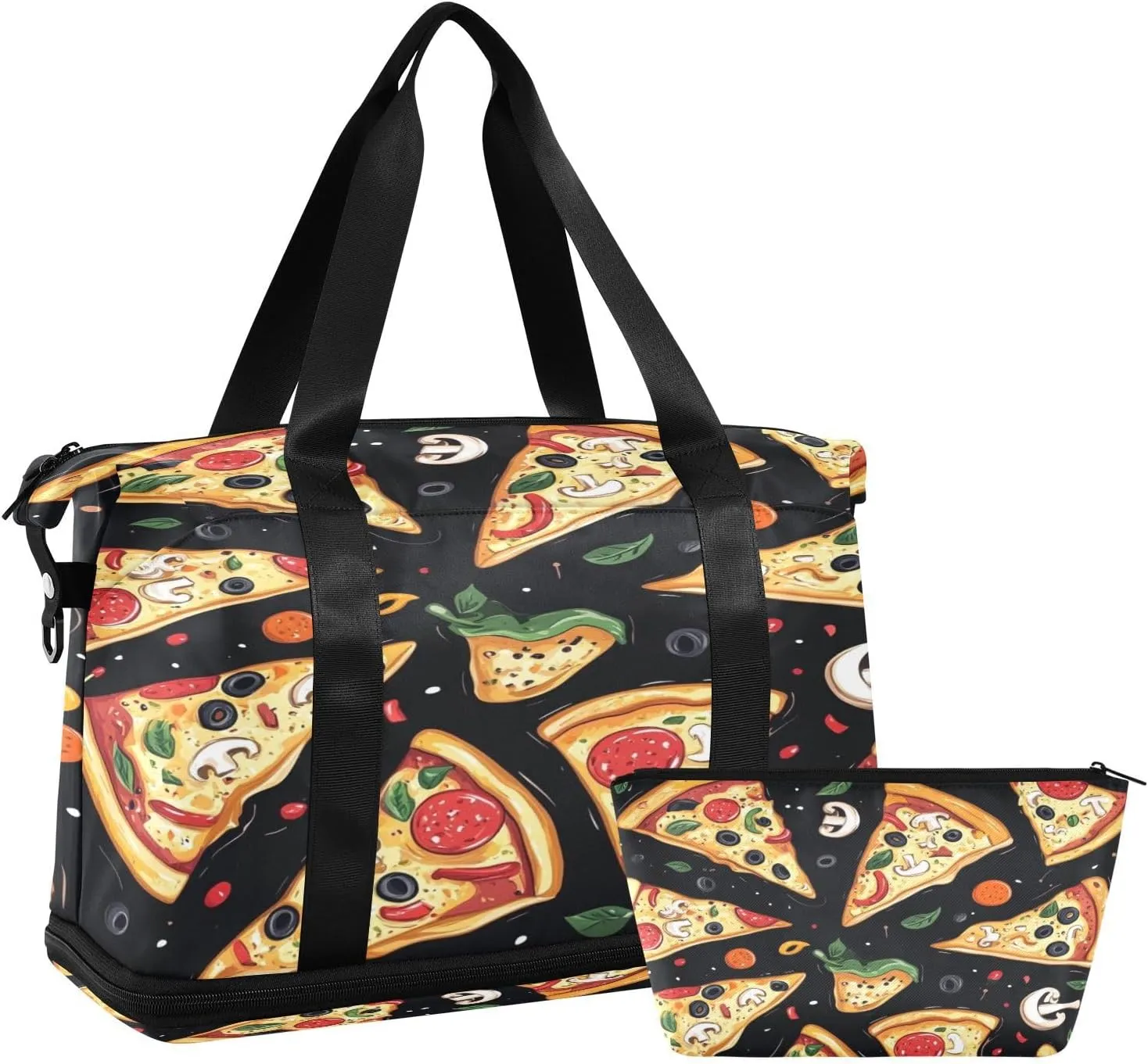 Cartoon Pizza Slices Sports Gym Bag with Waterproof Dry Wet Pocket, Travel Duffel Bag for Women MenWorkout Bag Fits Yoga, Swimming
