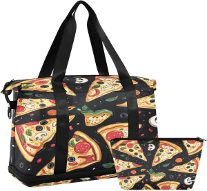 Cartoon Pizza Slices Sports Gym Bag with Waterproof Dry Wet Pocket, Travel Duffel Bag for Women MenWorkout Bag Fits Yoga, Swimming