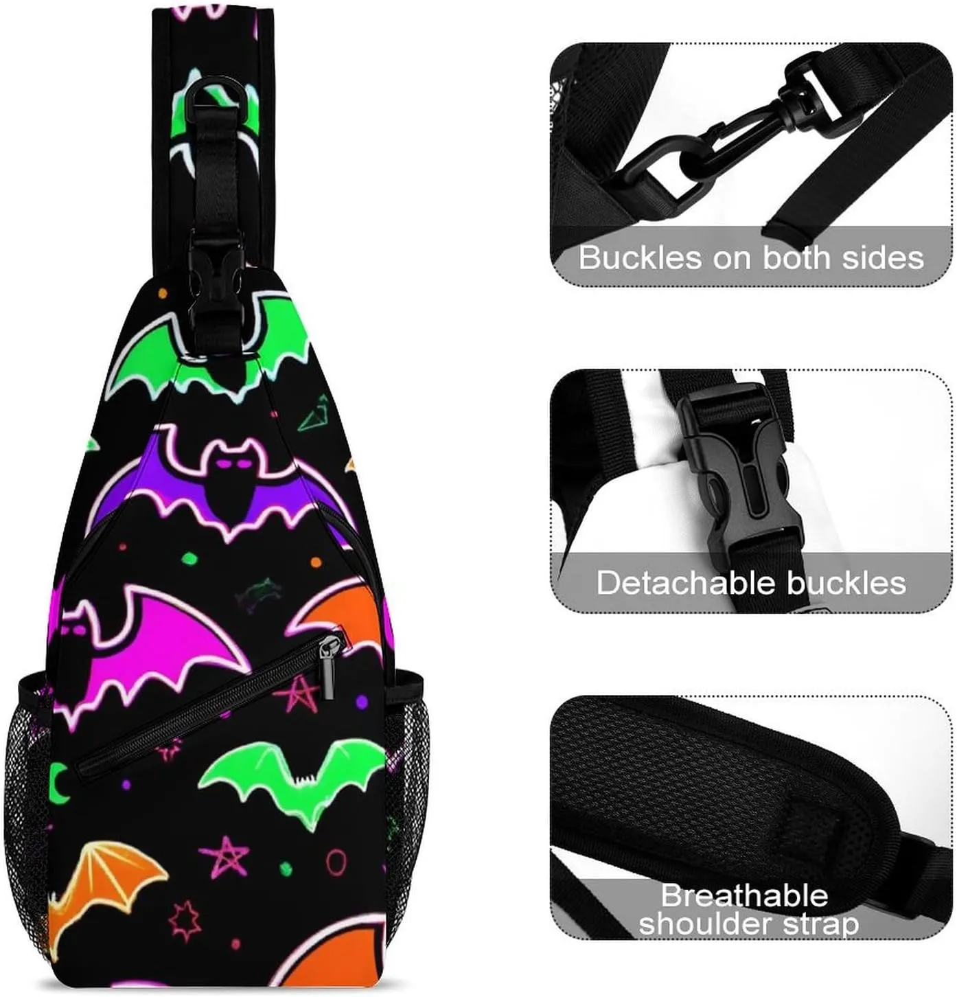 Casual Halloween Goth Bat Gothic Moon Star Crossbody Bags, Large Capacity Travel Hiking Chest Backpack Shoulder Pack Sling Bag for Men Women Running, Shopping