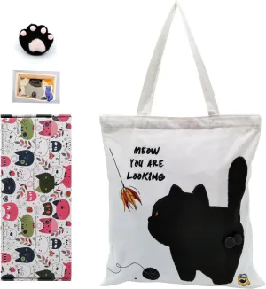 Cat Canvas Tote Bag With Fluffy Balls Zip Closure Two Inner Pockets Reusable Grocery Bag Cat Lover Gifts for Women