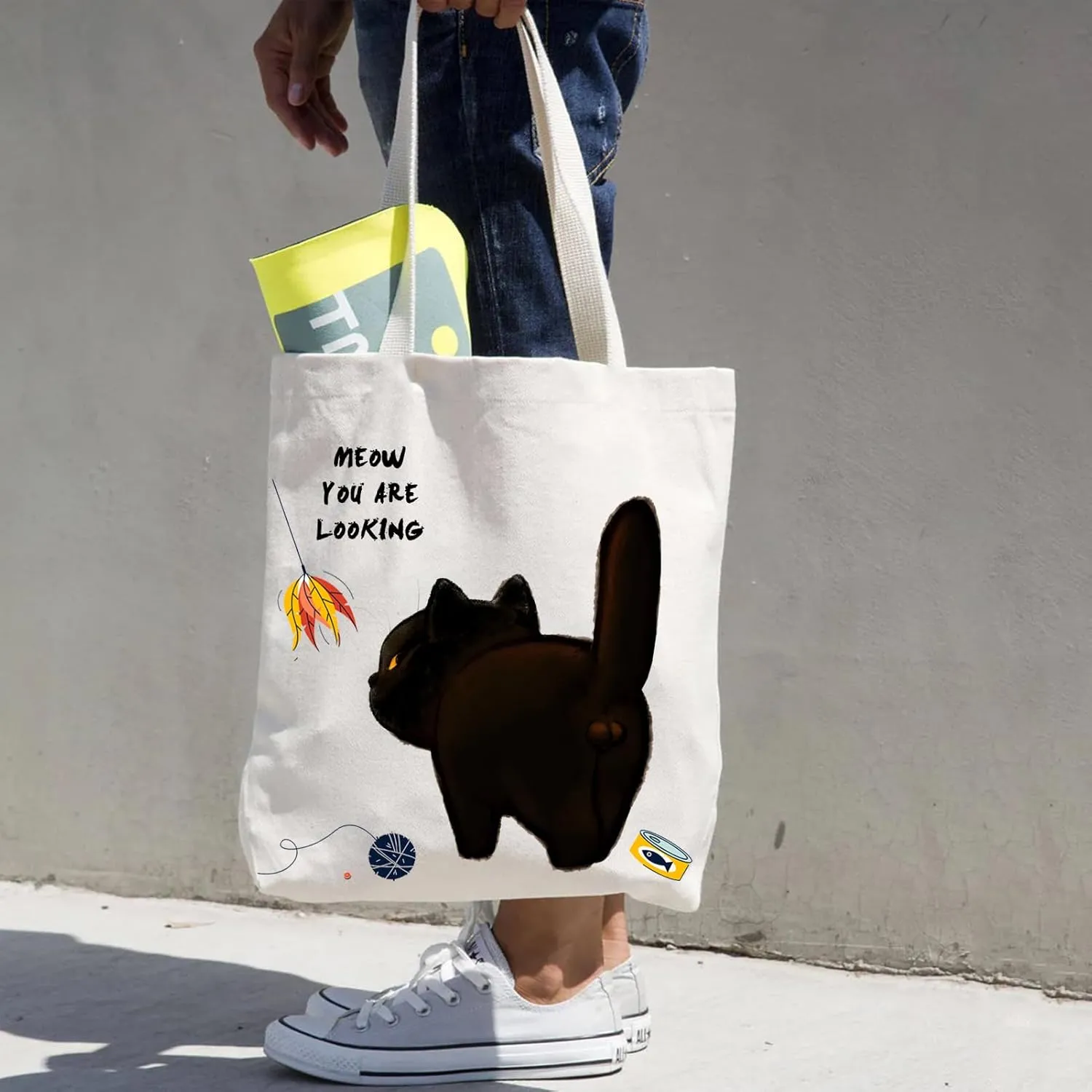 Cat Canvas Tote Bag With Fluffy Balls Zip Closure Two Inner Pockets Reusable Grocery Bag Cat Lover Gifts for Women