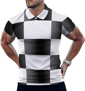 Checkered Mens Short Sleeve Polo Shirts Straight Sports Golf Tennis T-Shirt Quick Dry Long Top