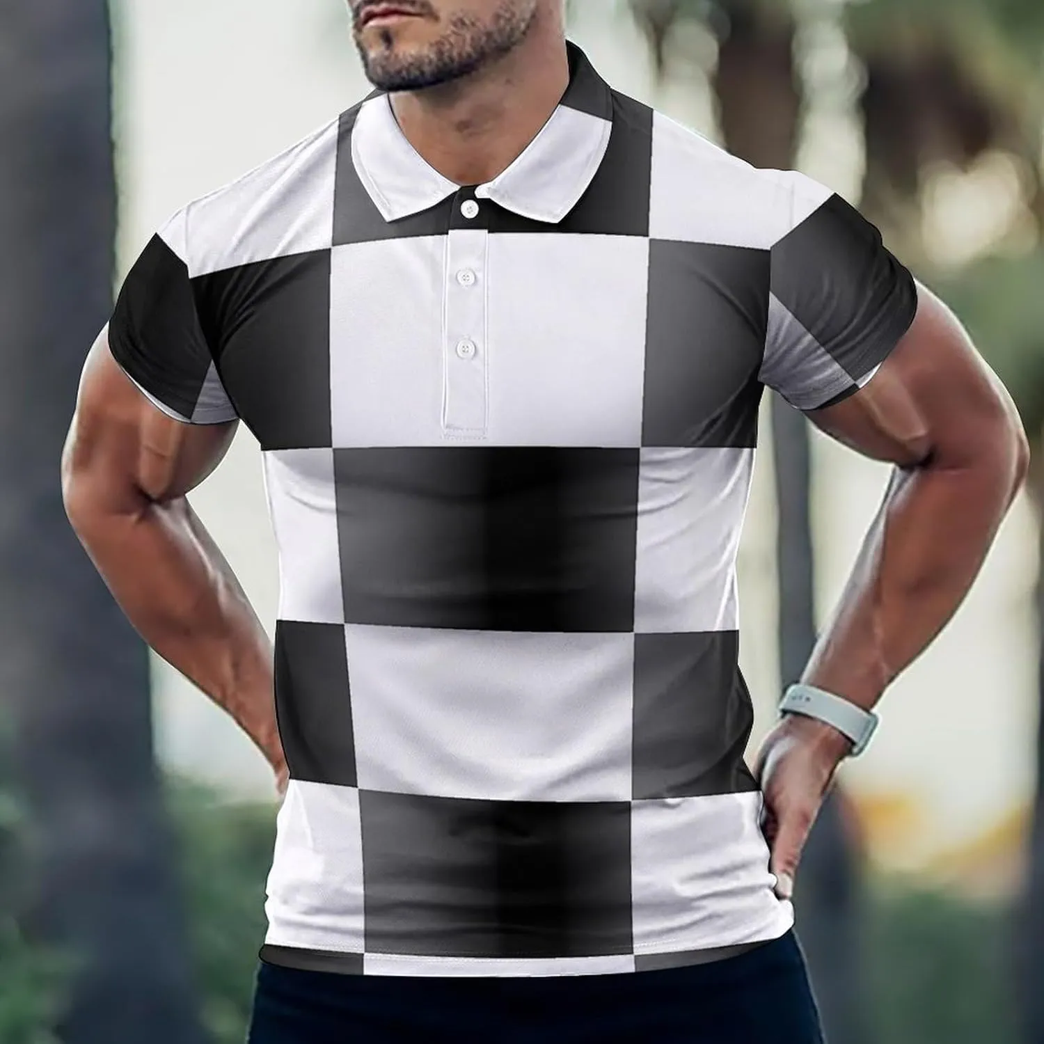 Checkered Mens Short Sleeve Polo Shirts Straight Sports Golf Tennis T-Shirt Quick Dry Long Top