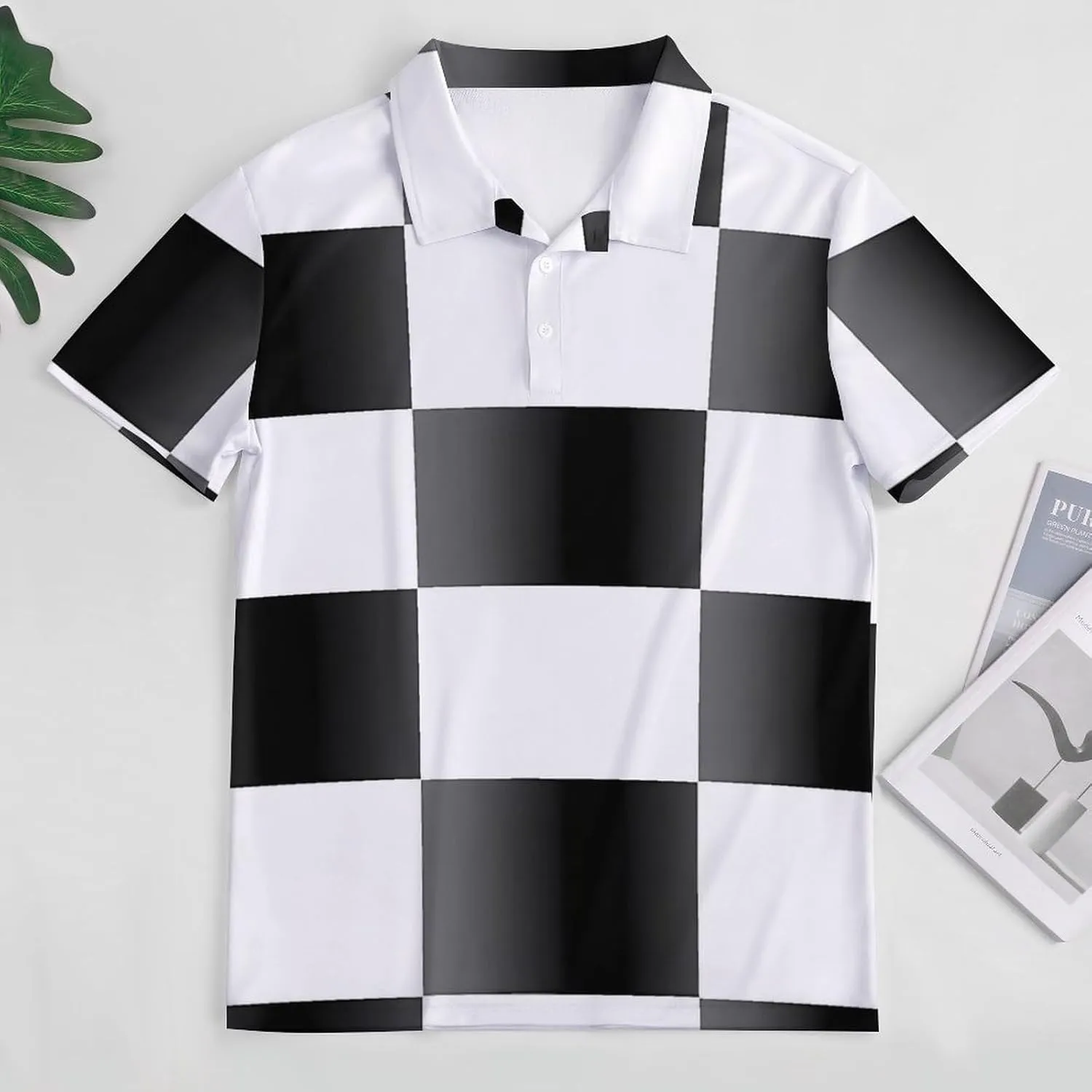 Checkered Mens Short Sleeve Polo Shirts Straight Sports Golf Tennis T-Shirt Quick Dry Long Top