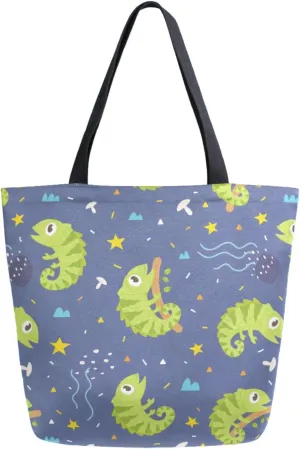 Chic Extra Large Shoulder Grocery Tote Bag, Cartoon Chameleon Floral Stars Blue Canvas Daily Handle Bag for Gym Yoga Weekender Beach Travel Picnic Kitchen Reusable Market Shopping