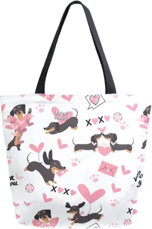Chic Extra Large Shoulder Grocery Tote Bag, Dachshund Dogs in Love Hearts Canvas Daily Handle Bag for Gym Yoga Weekender Beach Travel Picnic Kitchen Reusable Market Shopping